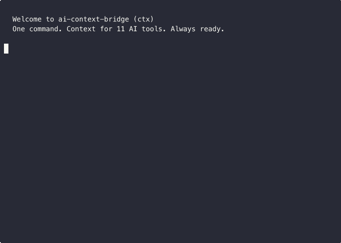 ctx init — sets up git hooks, creates resume prompts for 11 AI tools, registers in global dashboard Terminal demo showing ctx init command setting up auto-saving context via git hooks